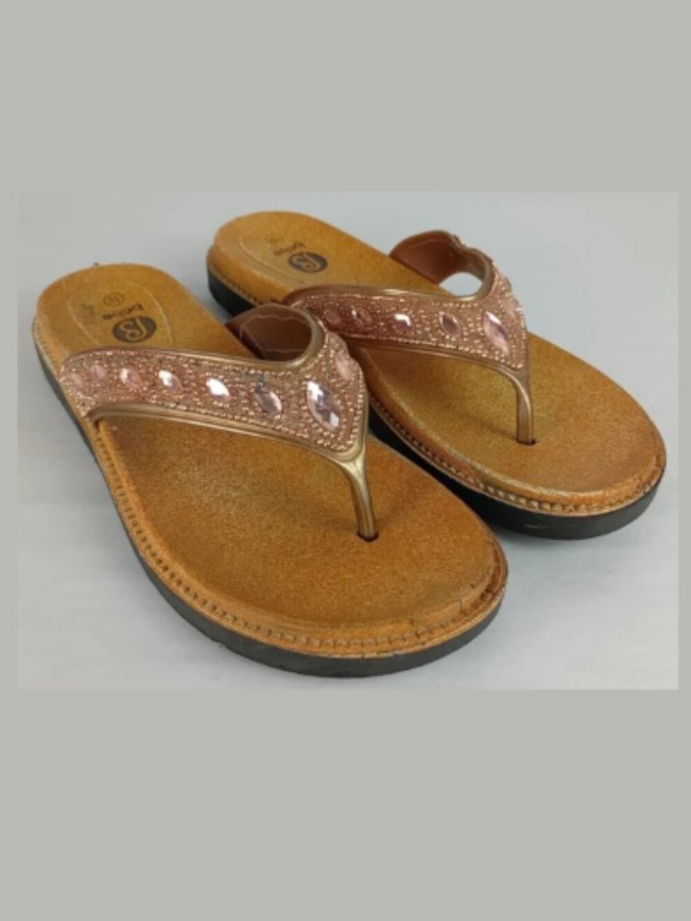 Babe Women's Size 10 Pink Rose Gold Rhinestone Flip Flop Sandals‎